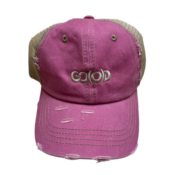 GO(O)D Distressed Trucker Hat-Pink/Tan