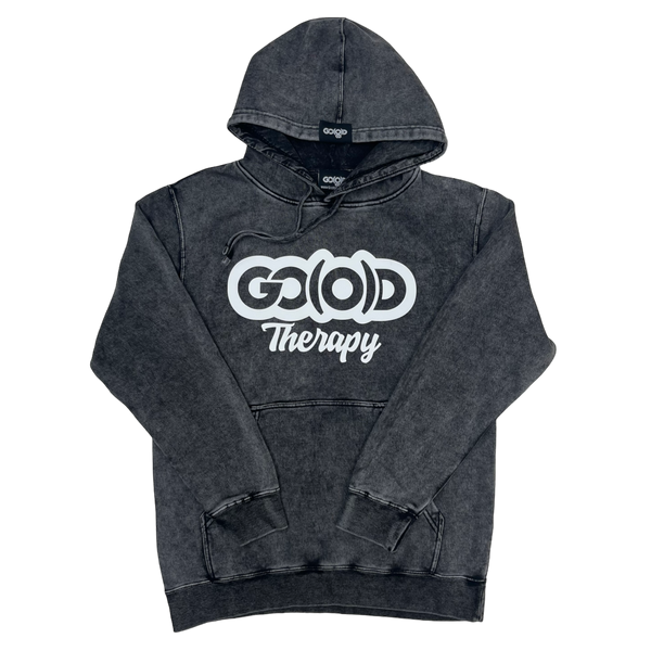 GO(O)D THERAPY HOODIE-BLACK MINERAL WASH/WHITE LOGO