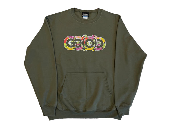 Tropical Pocket Sweatshirt-Olive/Multi-colored floral logo