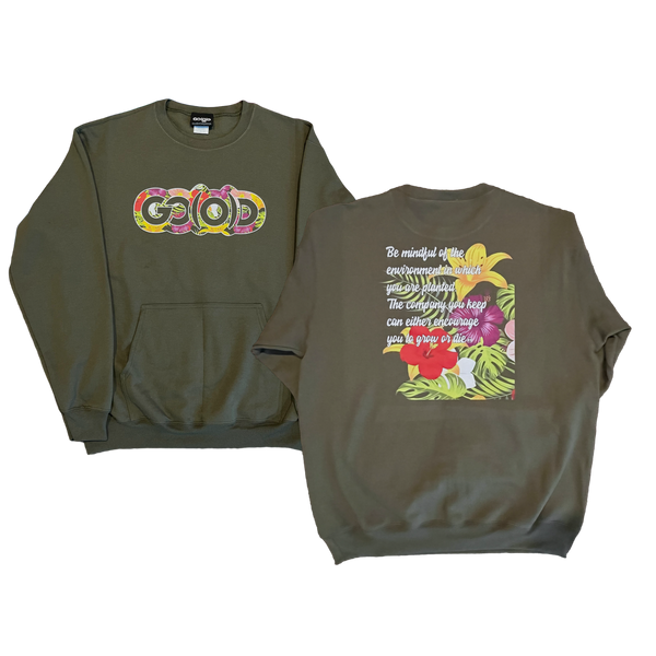 Tropical Pocket Sweatshirt-Olive/Multi-colored floral logo