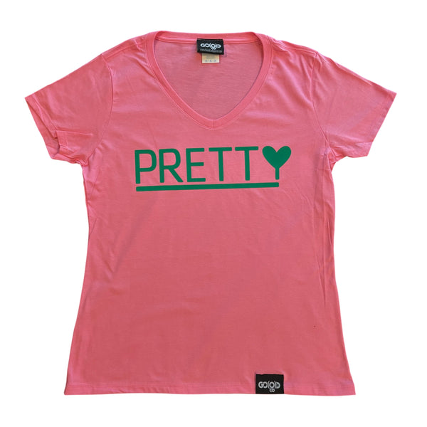PRETTY V-NECK TEE-Pink/Green