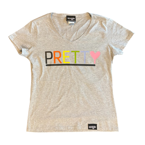 PRETTY V-NECK TEE-Grey/Multi-Colored logo