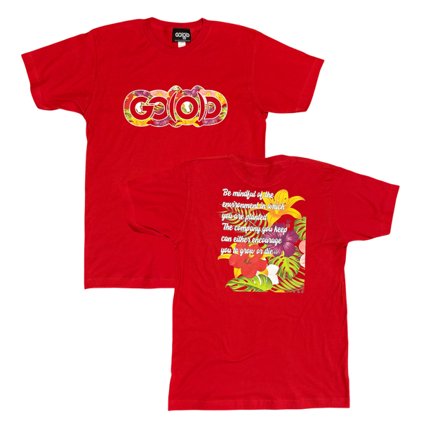 GO(O)D Tropical Tee-Red/Multi-colored logo