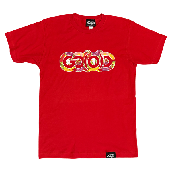 GO(O)D Tropical Tee-Red/Multi-colored logo